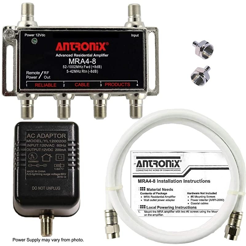 Cable TV/Antenna/HDTV/Internet Digital Signal Amplifier/Booster/Splitter with Passive Return, Coax Cable, F59 Terminators (Antronix MRA4-8)