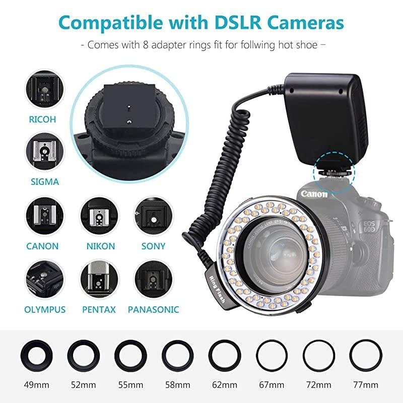 48 Macro LED Ring Flash Bundle with LCD Display Power Control Adapter Rings and Flash Diffusers for Canon 650D600D550D70D60D5D Nikon D5000D3000D5100D3100D7000D7100D800D800ED60