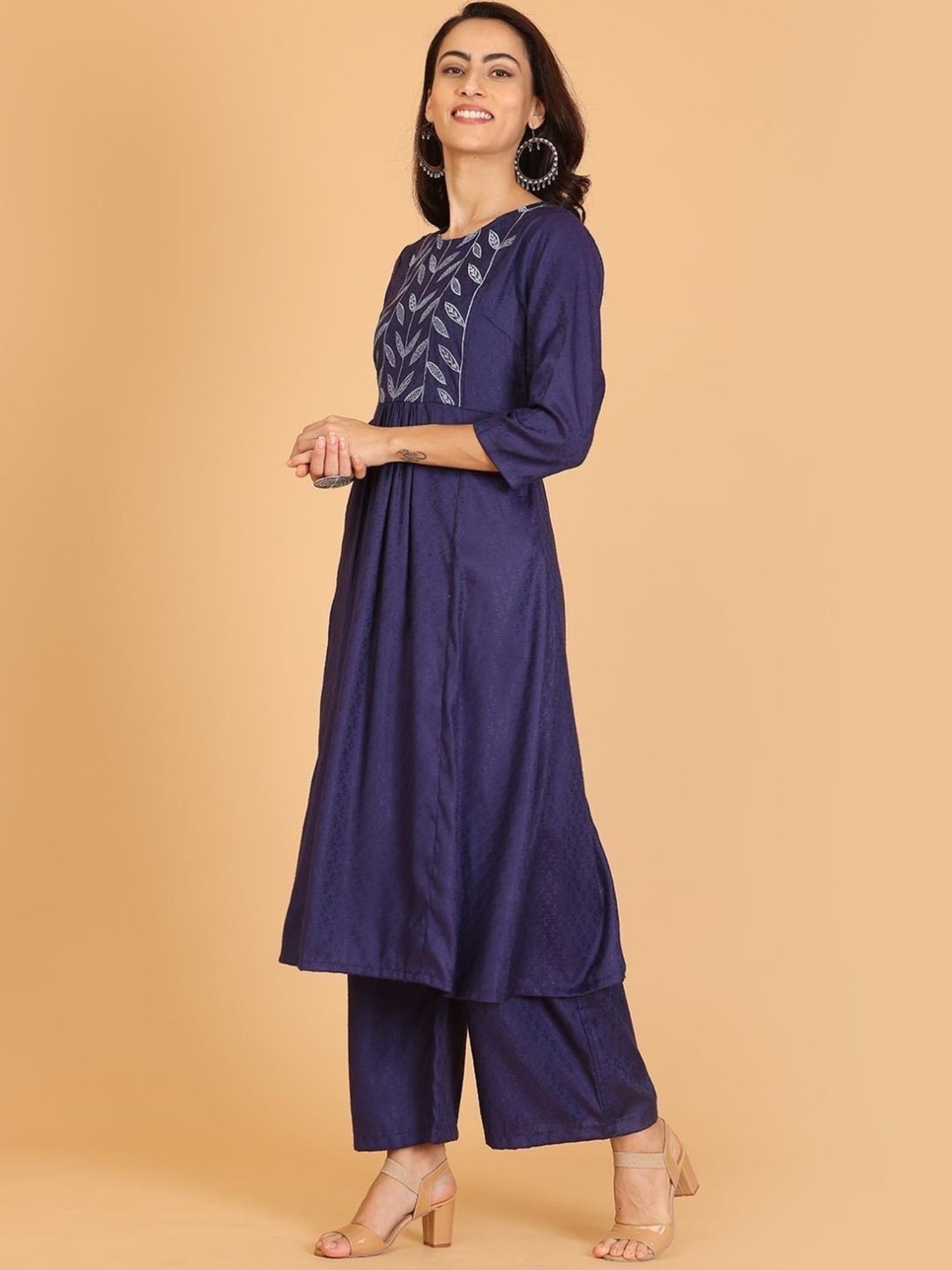 Kaanchie Nanggia Blue Embroidered Flayred Kurta With Pant Set