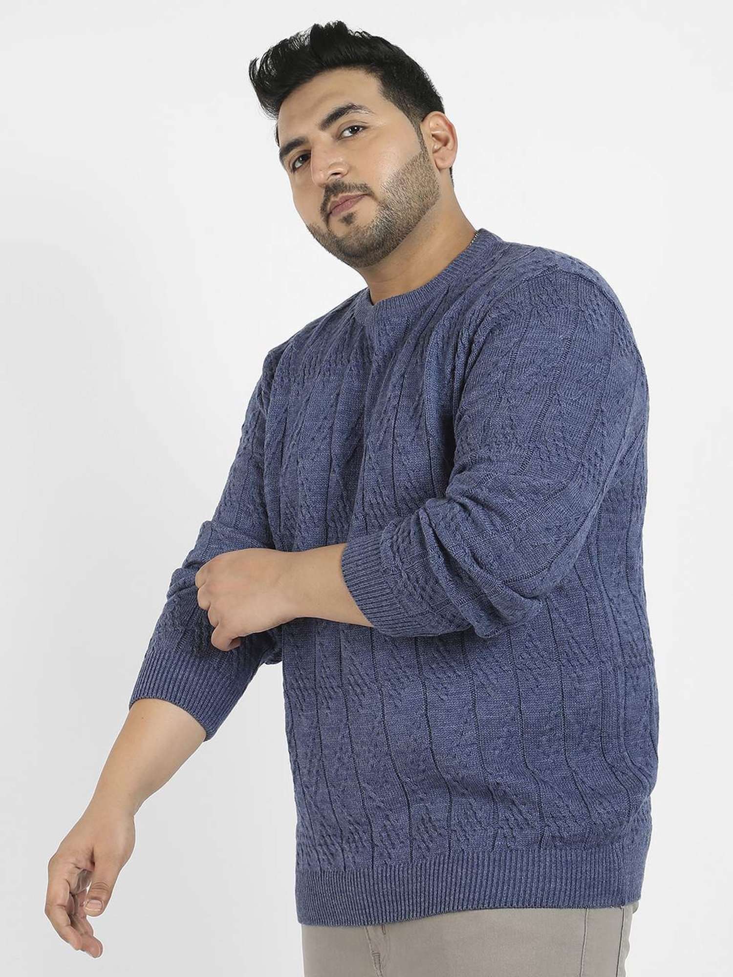 Instafab Plus Blue Regular fit Self Pattern Plus Size Sweater