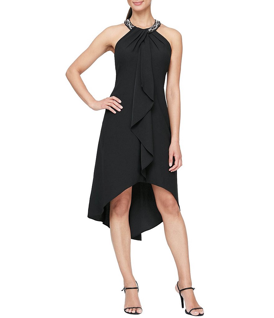 Ignite Evenings Petite Size Satin Back Crepe Beaded Hi-Low Halter Neck Sleeveless Dress