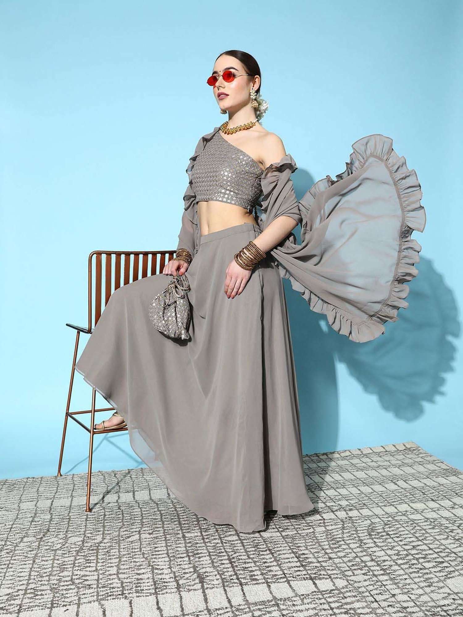 Libas Grey Plain Lehenga Choli Set With Dupatta