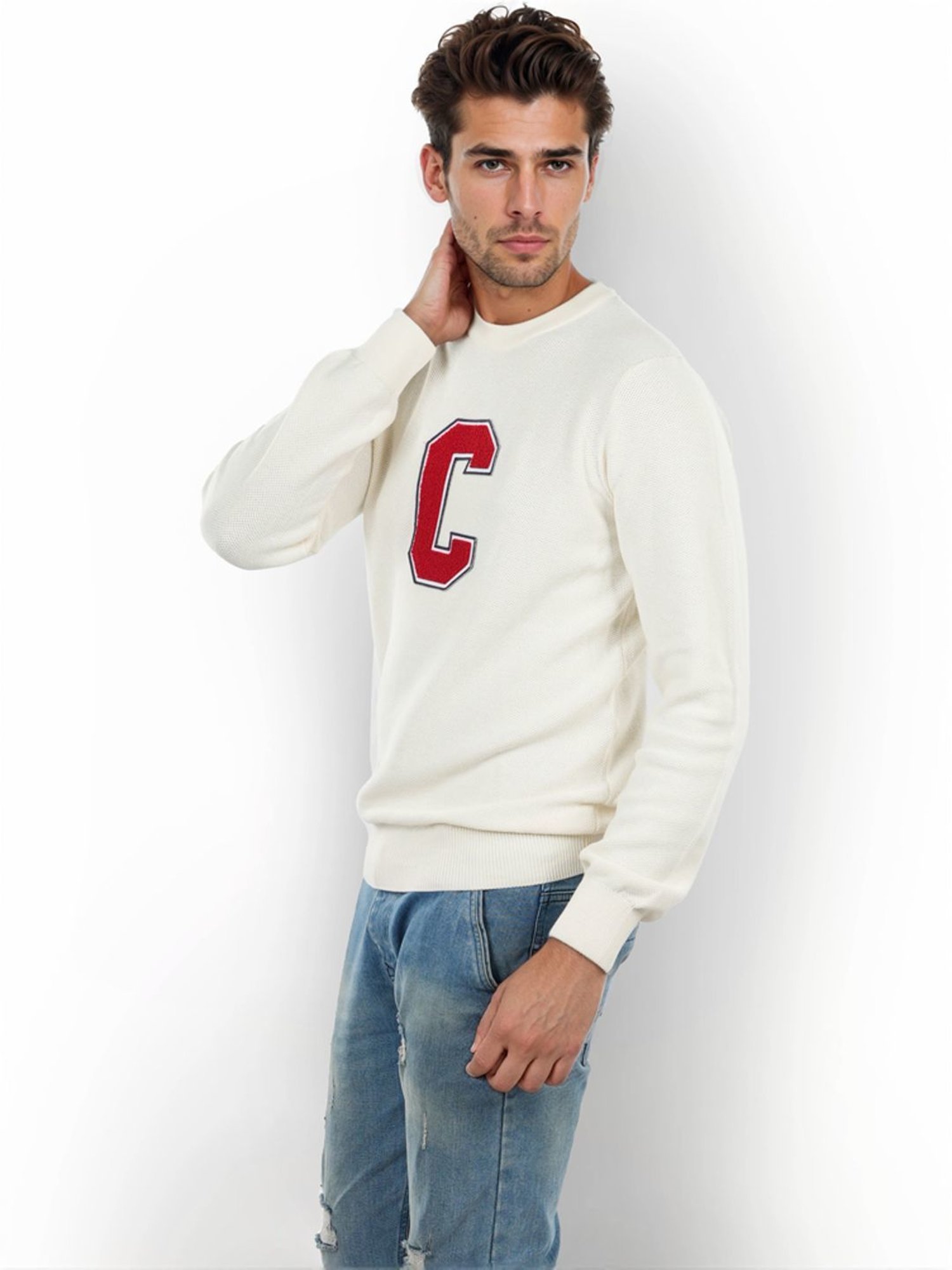 Celio* Ecru Regular Fit Printed Sweater