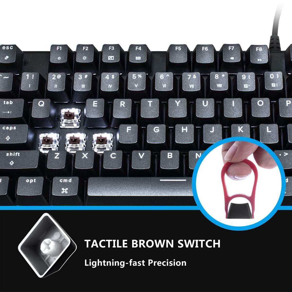 M87 Mac Layout Mechanical Keyboard, VELOCIFIRE 87-Key with Tactile Brown Switch, and LED White Backlit, 100% Compatible with Mac (Black)