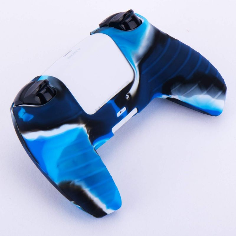 Silicone Cover Skin Case for Sony PS5 Dualsense Controller x 1(Camouflage Blue) with Thumb Grips x 10
