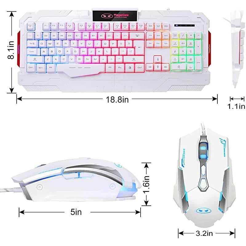 Gaming Keyboard and mouse Combo, GK806 LED Rainbow Backlit USB Keyboard and Mouse Set, G7 Gaming Mouse and Keyboard 104 Key Computer Gaming Keyboard with Wrist Rest-White