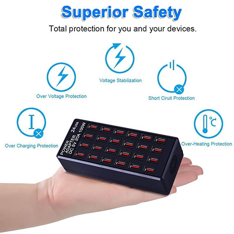 Ports 100W 20 A USB Charging Station FamilySized Desktop USB Rapid Charger Multiple USB Desktop Charger for Hotel School Shop mallUL Certified