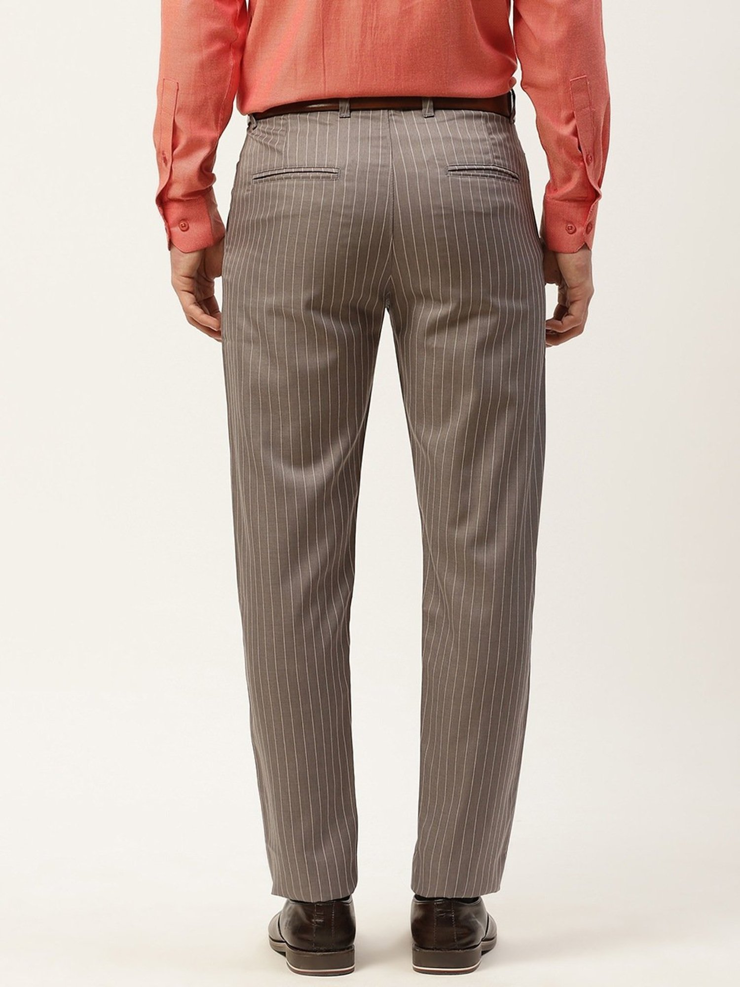 Sojanya Grey Cotton Regular Slim Fit Striped Flat Front Trousers