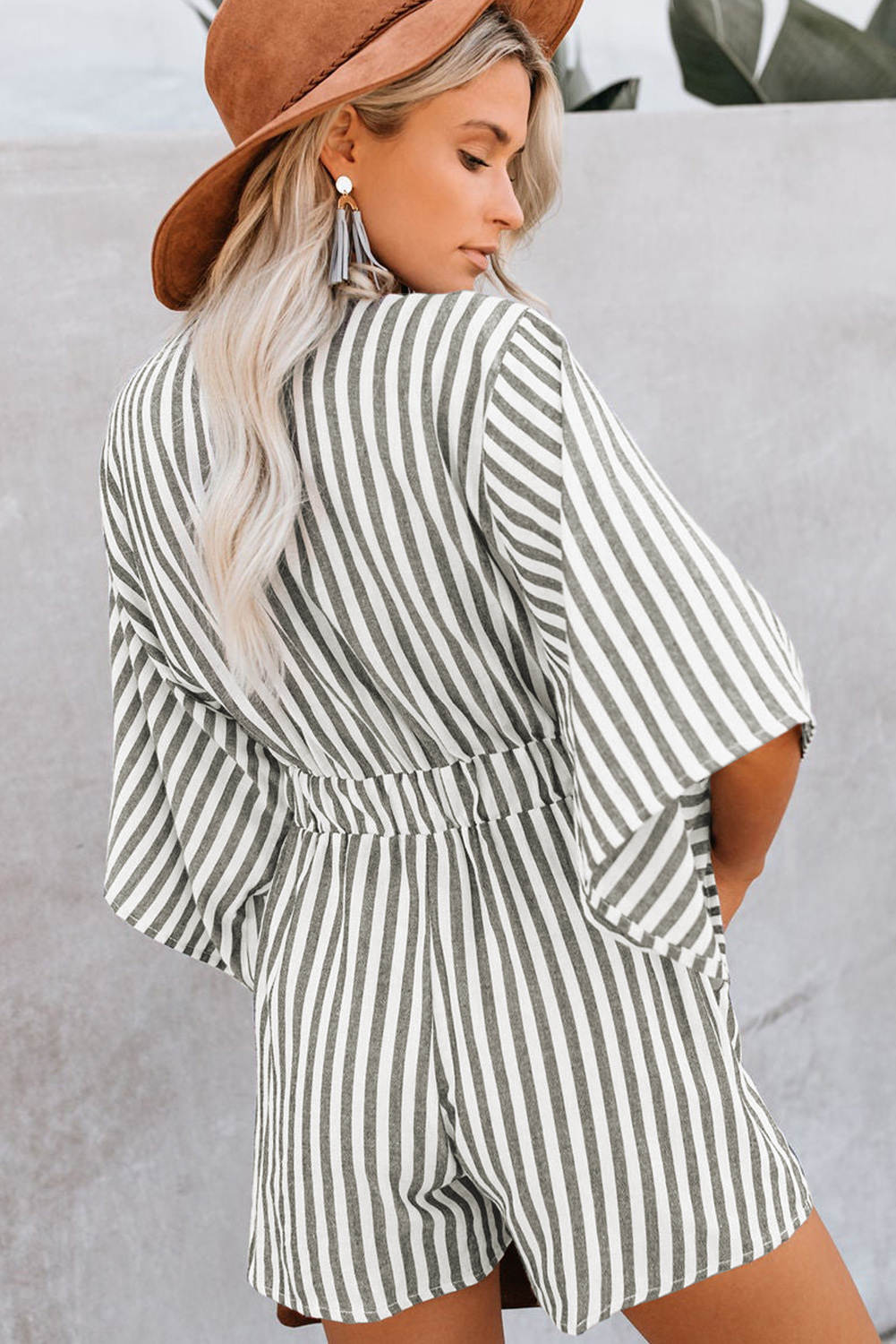 Grey Striped Print Tie Knot Front Romper With Pockets