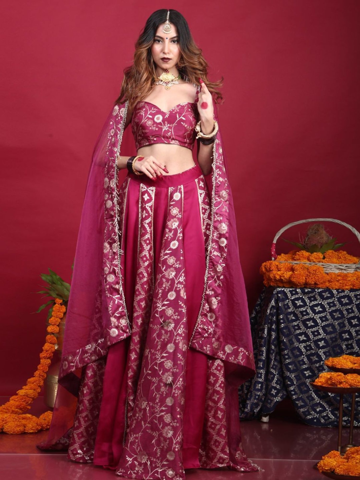 Monk and Mei Kora Kashi Plum Purple Leela-Brocade Lehenga Set