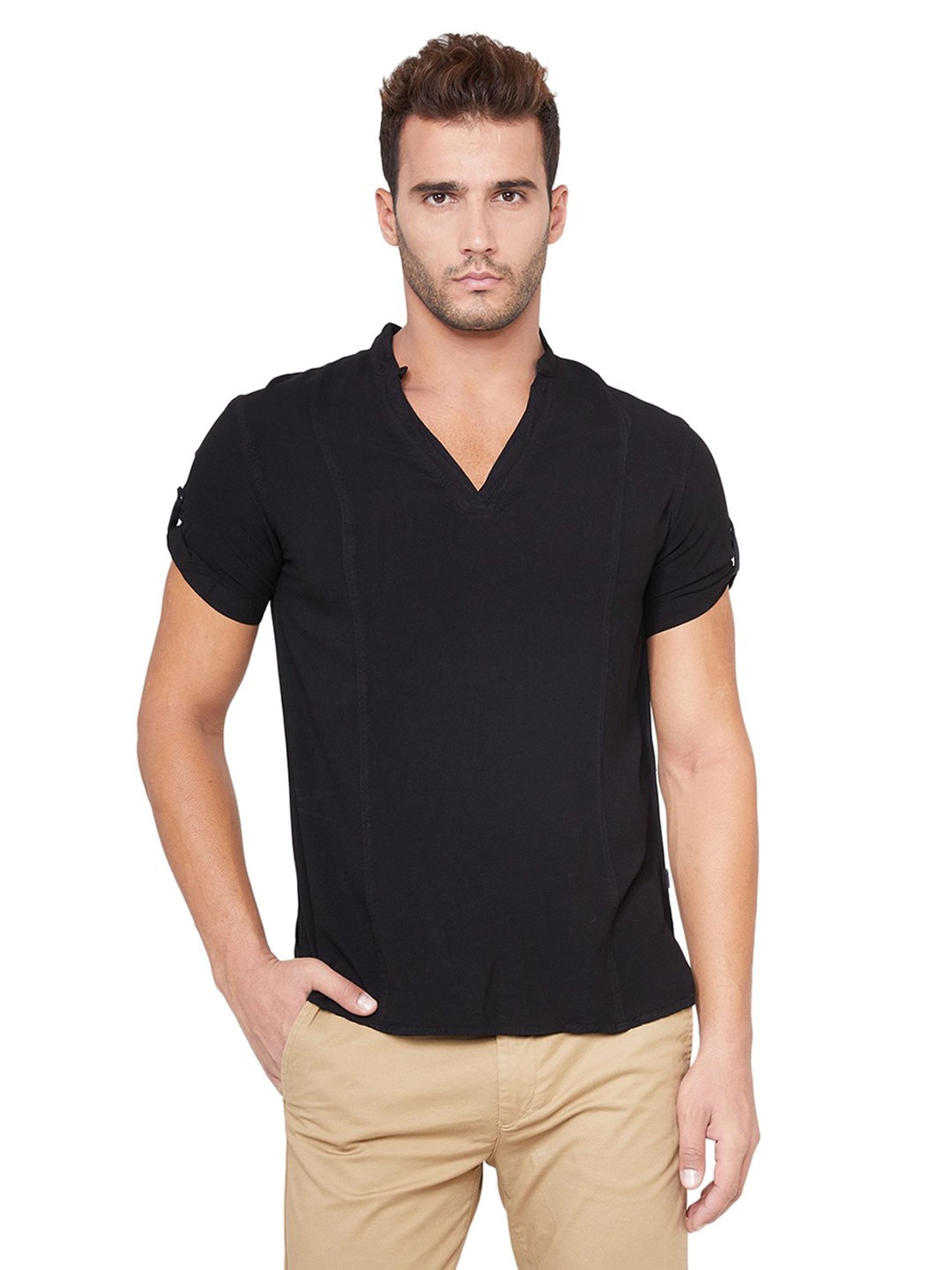 Identiti Black Short Sleeves Slim Fit Solid Short Kurta