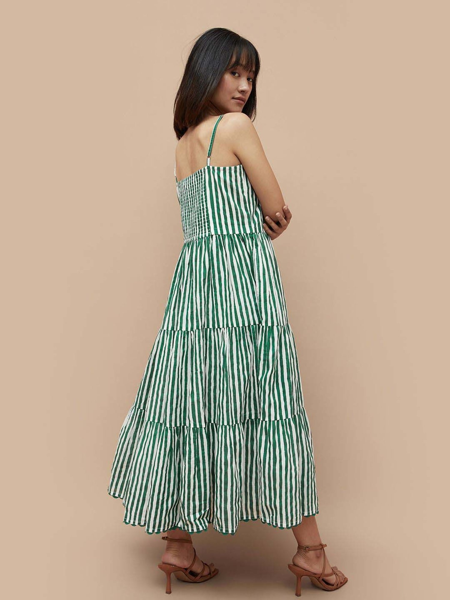 Colour Me by Melange Green & White Cotton Striped A-Line Dress