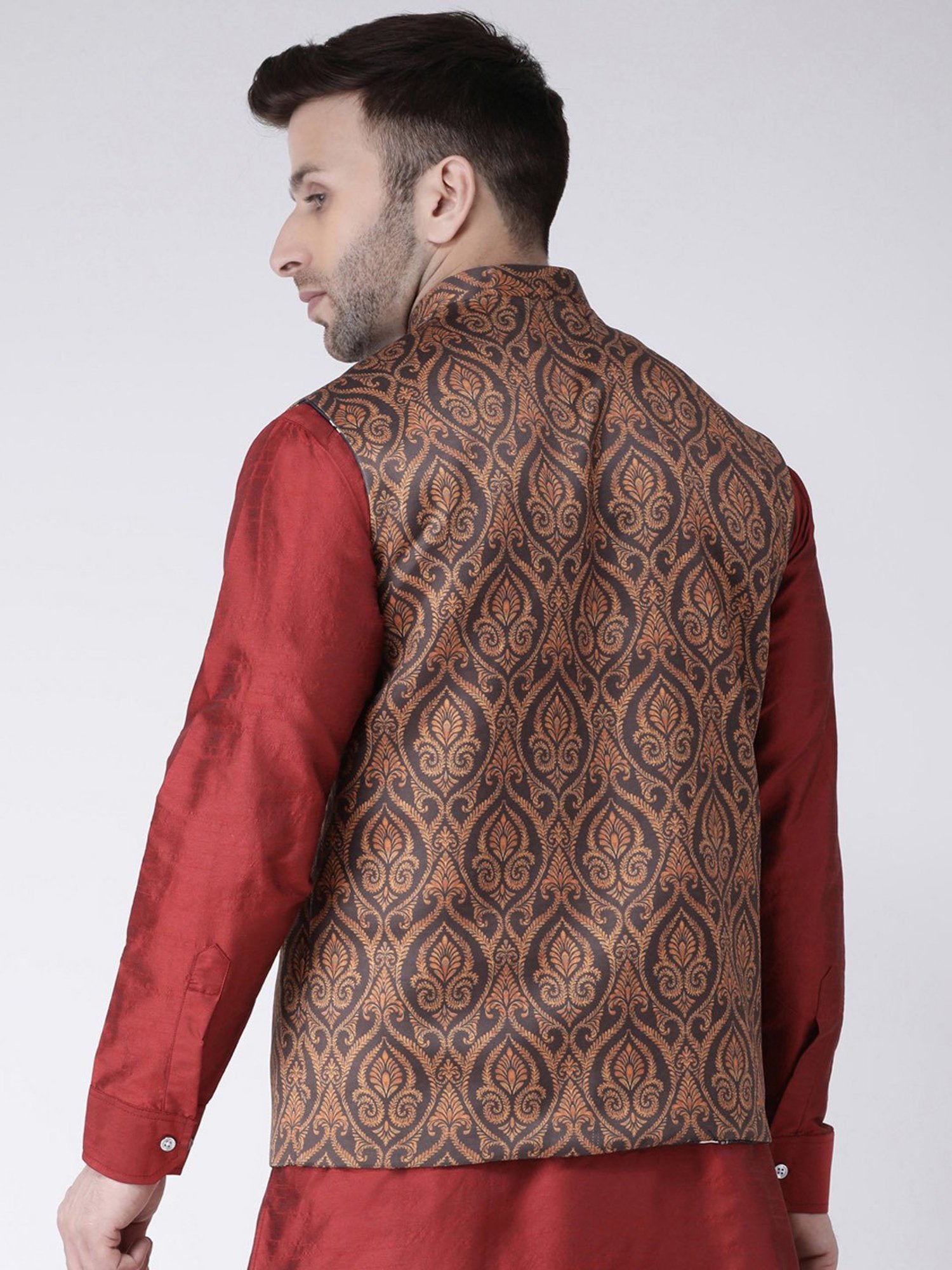 Hangup Plus Brown Regular Fit Printed Nehru Jacket
