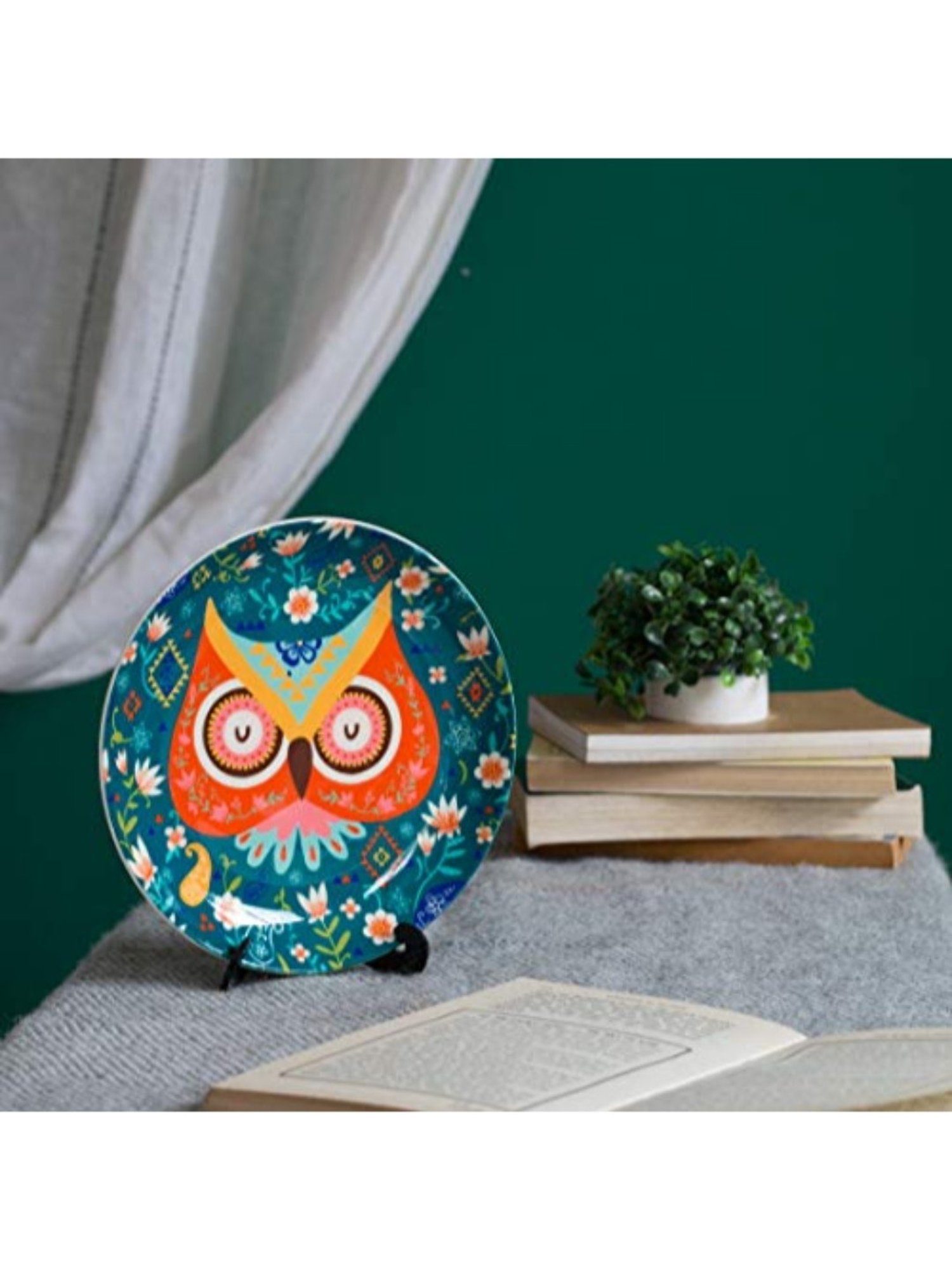 Chumbak Garden Owl Blue Bone China Decorative Wall Plate - Set of 1