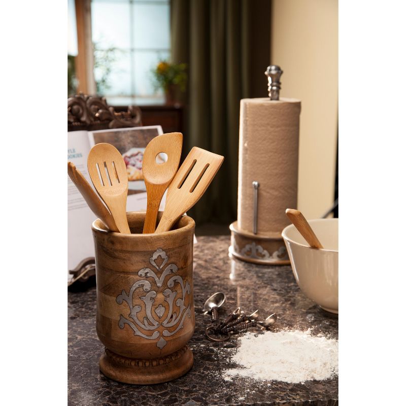 GG Collection 8.25-Inch Tall Wood and Metal Inlay Heritage Collection Utensil Holder