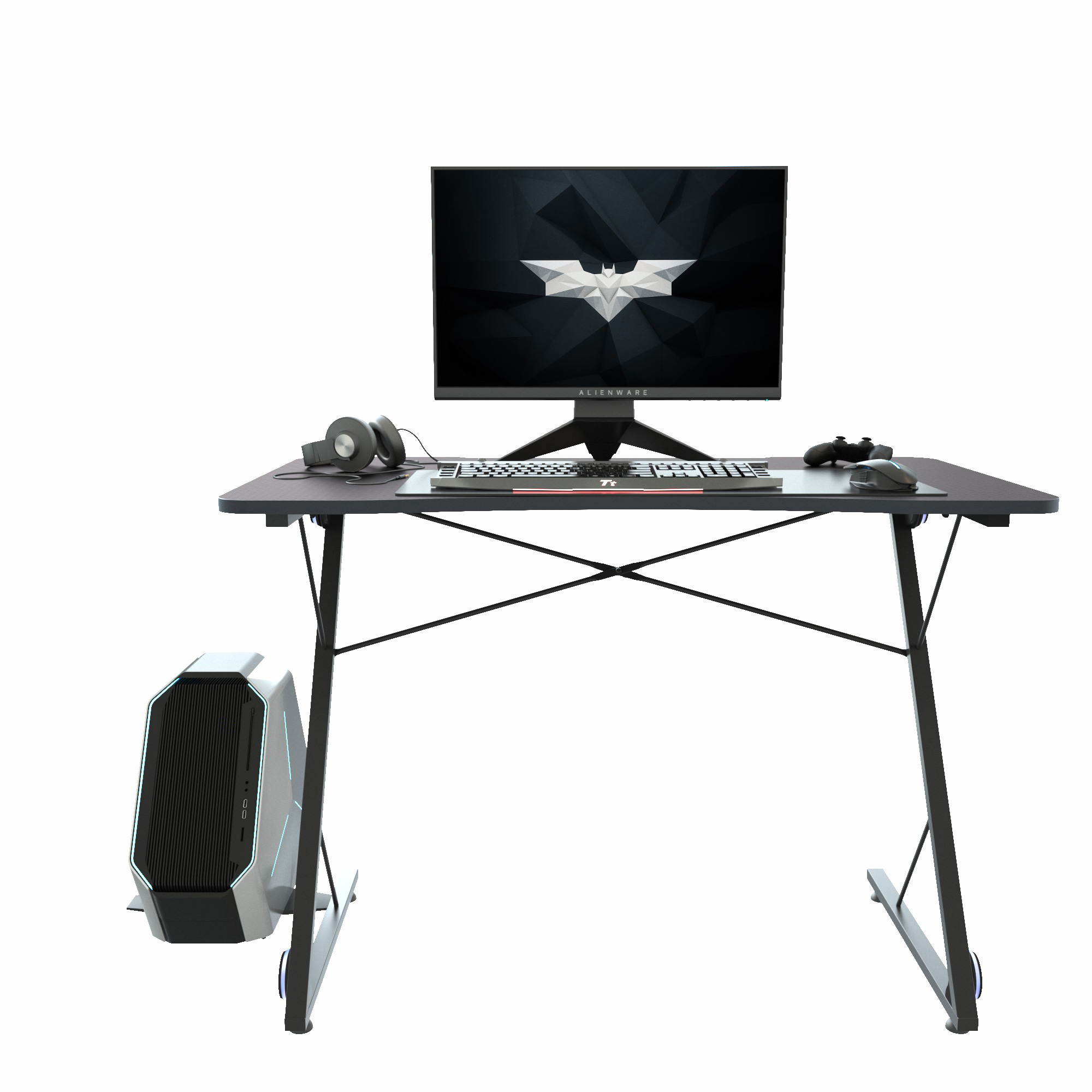 Gaming Desk, Z-Shaped Professional E-Sport Gamer Workstation with LED Lights & Large Carbon Fiber Surface, Ergonomic PC Gaming Table for Home Office