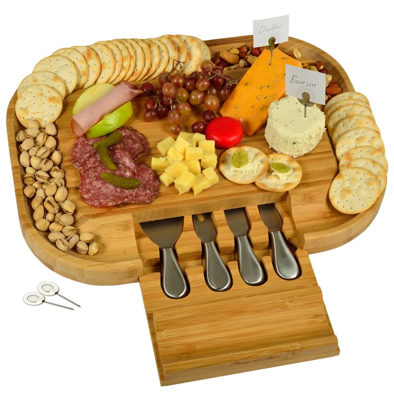 Picnic at Ascot - Large Bamboo Cheese Board with Cracker Groove & Integrated Drawer with 4 Piece Knife Set & Cheese Markers