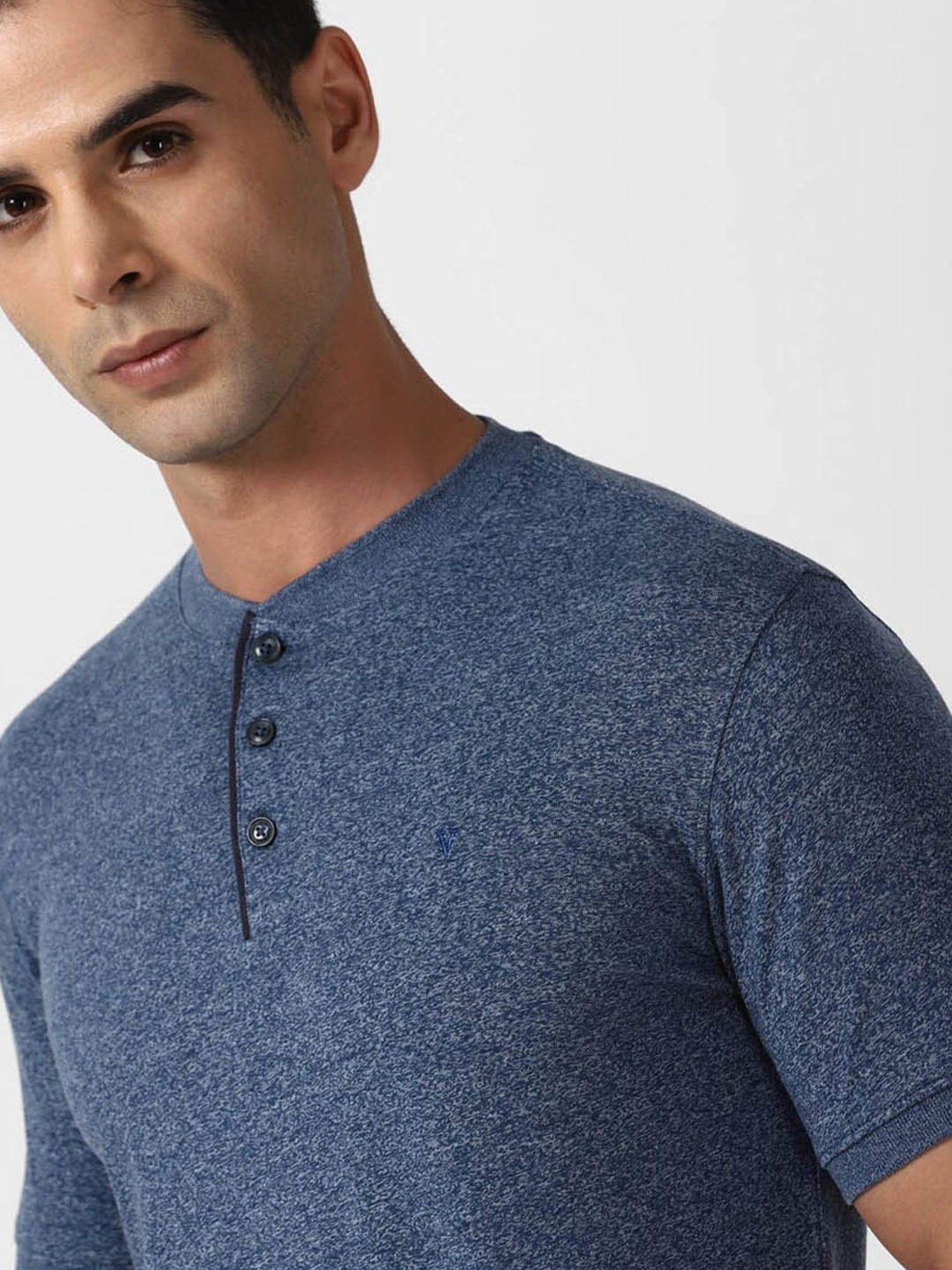 V Dot Blue Slim Fit Texture Henley T-Shirt