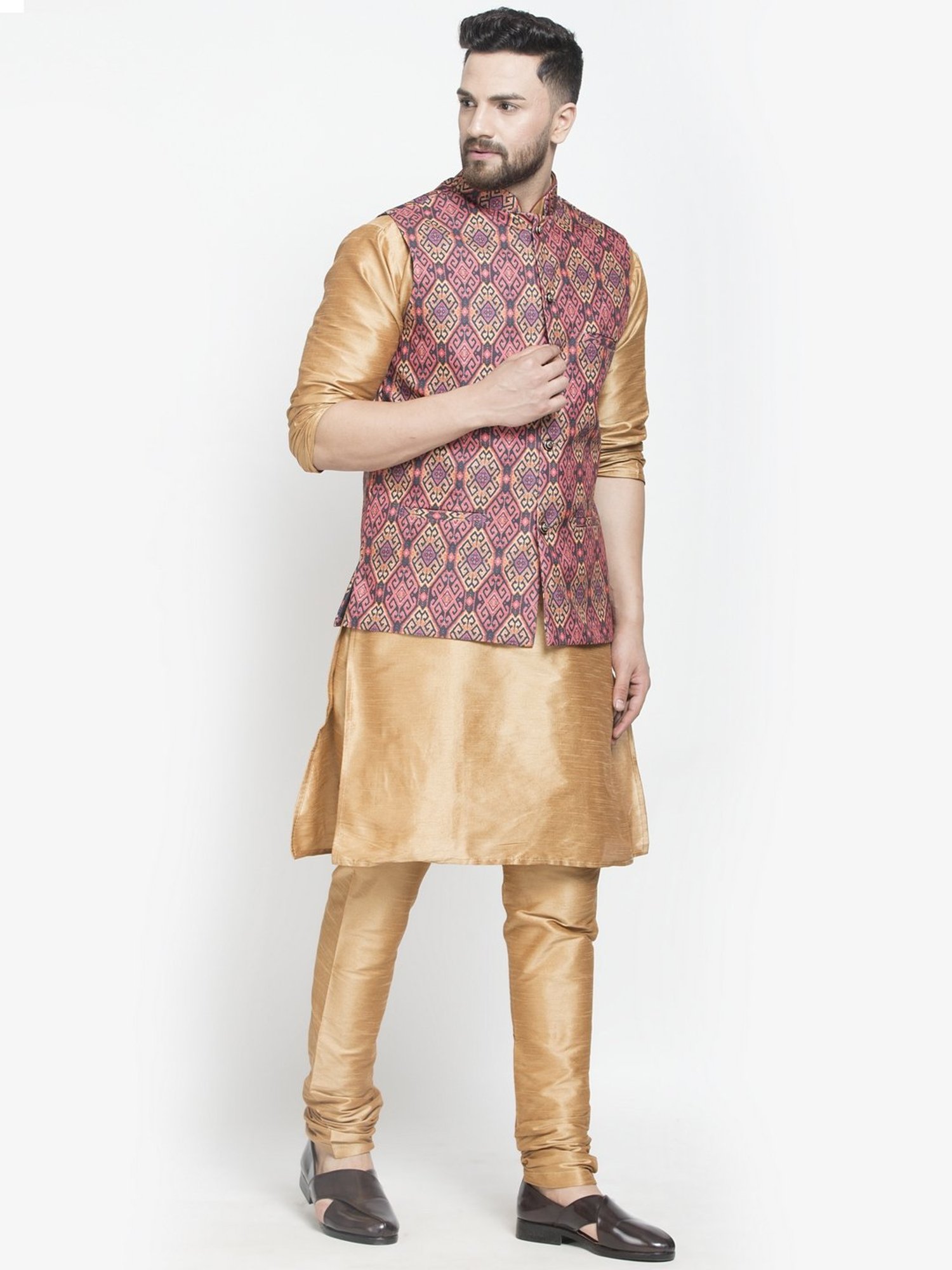 Benstoke Copper & Rust Regular Fit Geometric Kurta Set With Jacket
