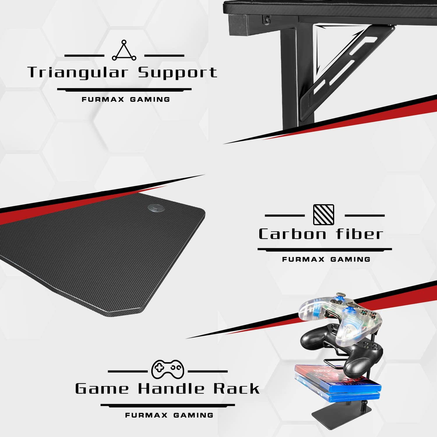 Furmax 43 Inch Gaming Desk T-Shaped PC Computer Table, Home Office Desk Carbon Fiber Surface Workstation with Free Full Coverage Mouse Pad, Cup Holder and Headphone Hook (Black)