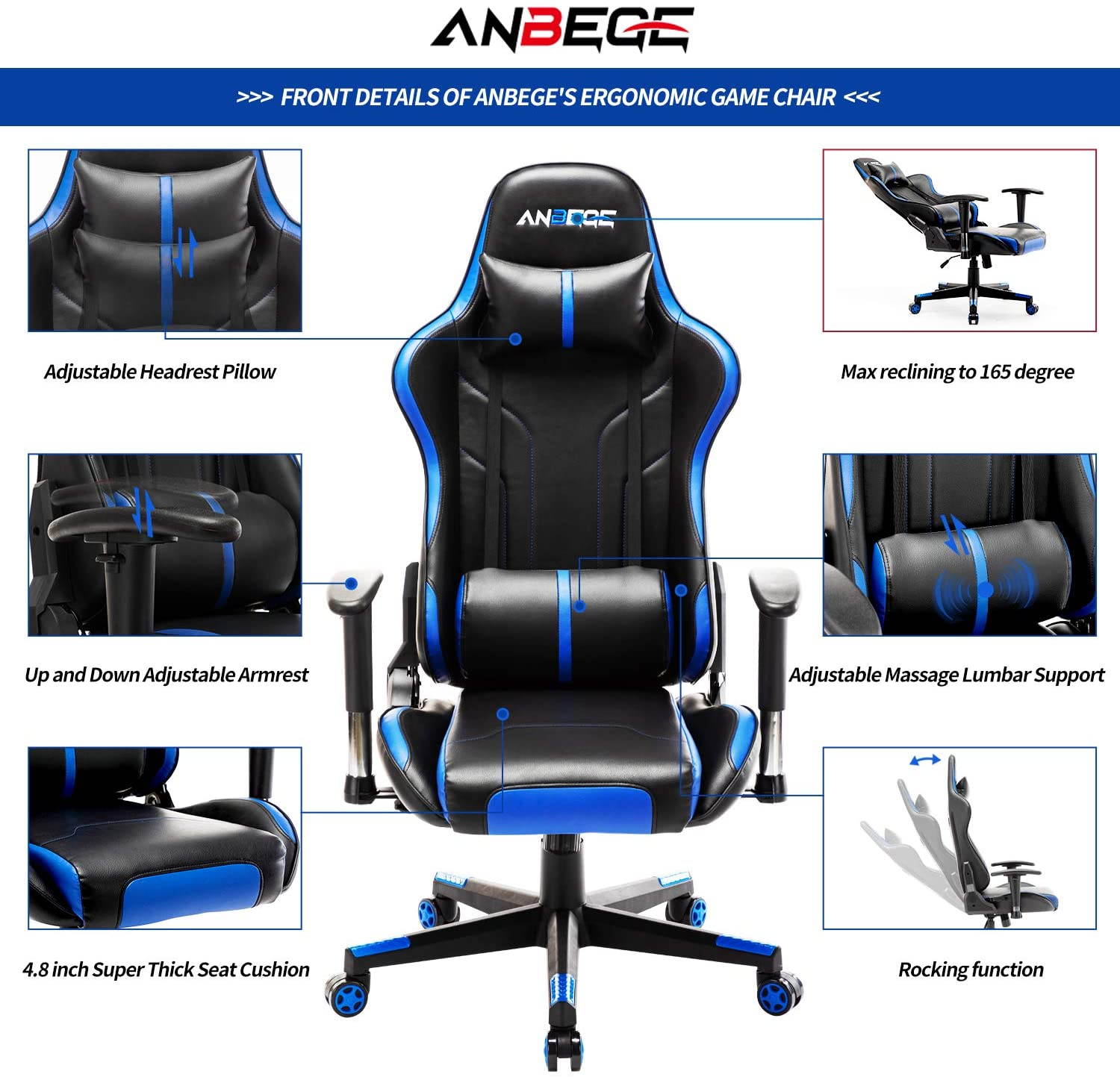 Gaming Chair Ergonomic Racing Style Game Chair Height Adjustable High Back with Massage Headrest and Lumbar Pillow Computer Chair (Blue)