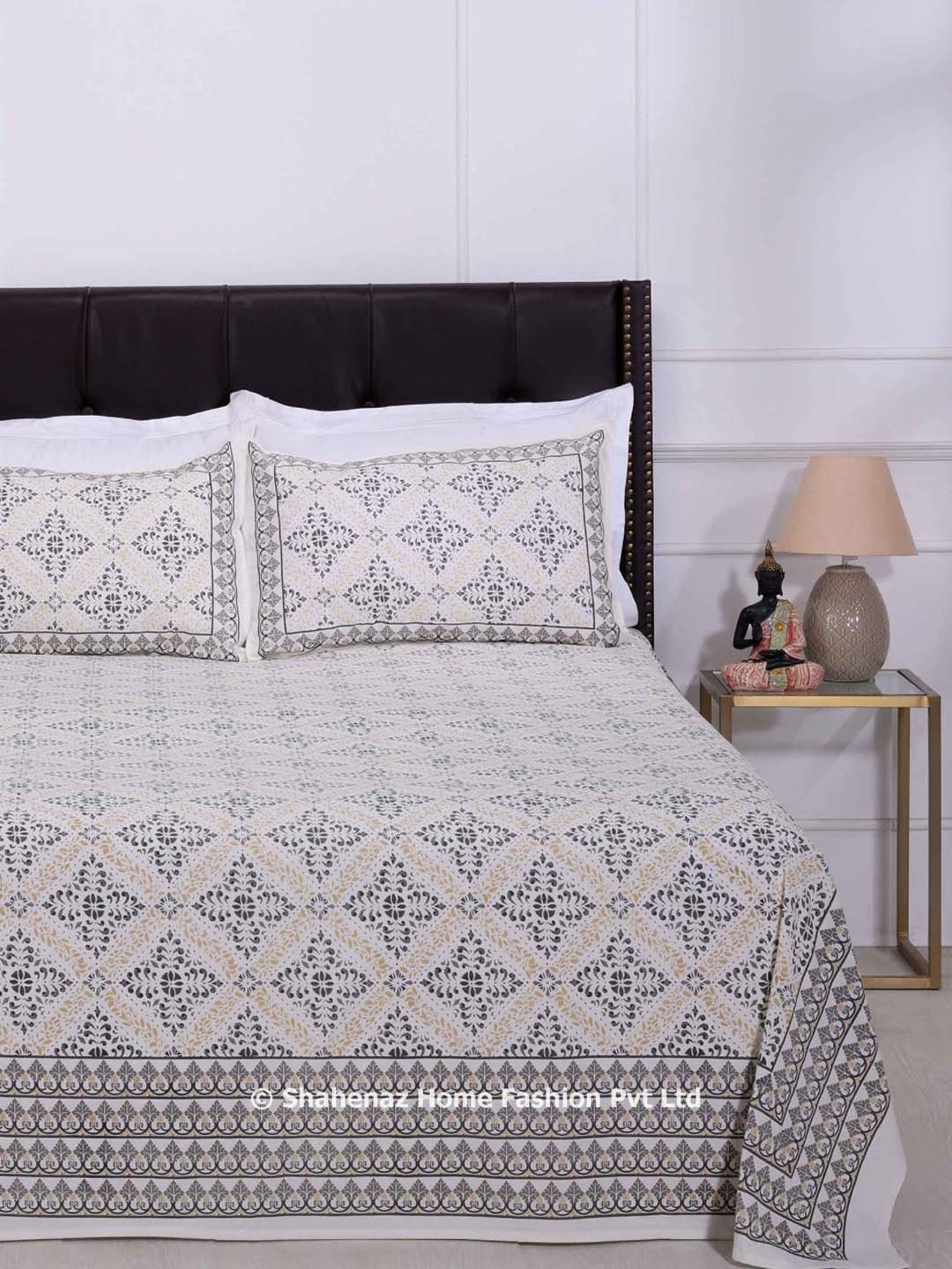 Shahenaz Grey 120 TC Cotton Shofar Luxury Double Bedsheet with 2 Pillow Covers