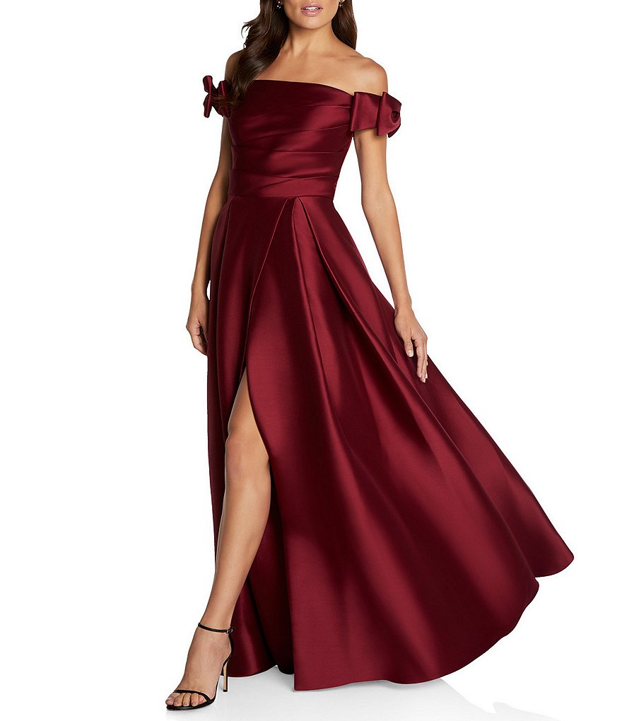 Aidan Mattox Sleeveless Bow-Tie Off-the-Shoulder Neck Cap Sleeve High Slit Ball Gown