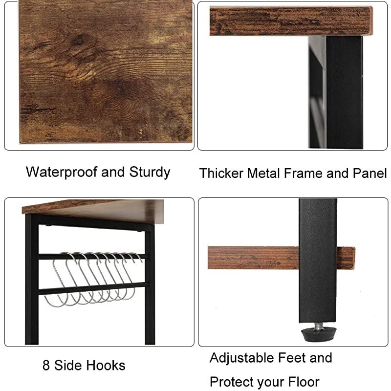 Kitchen Baker's Rack with 1 Cabinet and 8 Hooks, 3-Tier Utility Storage Shelf, Microwave Oven Stand, Industrial Storage Cabinet, Bookshelf for Living Room, Bathroom Cabinet, Rustic Brown