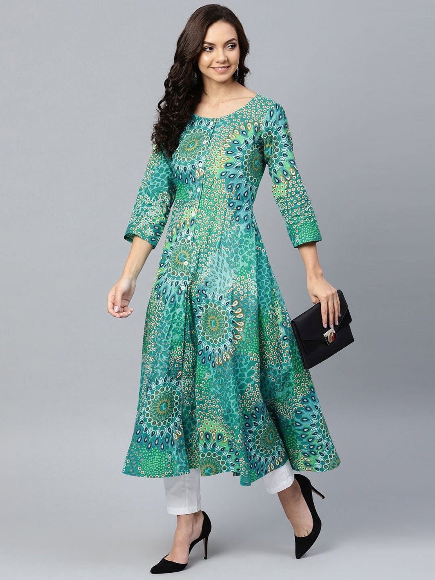 Jompers Green Cotton Floral Print Flared Kurta