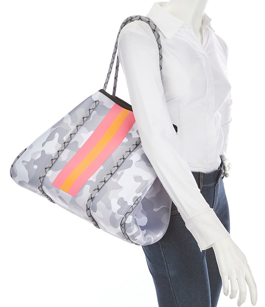 Parker & Hyde Neoprene White Camo and Coral Stripe Tote Bag