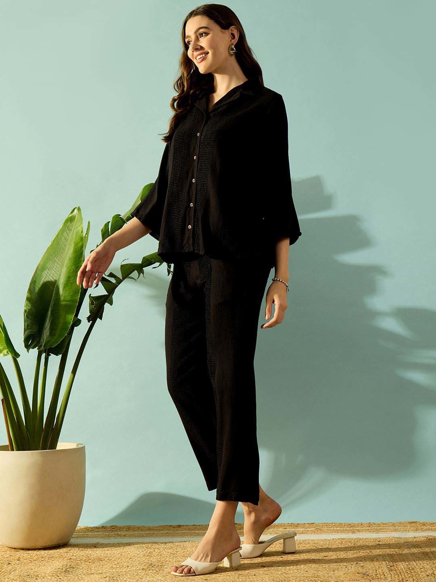 The Kaftan Company Black Cotton Self Pattern Top Pants Set