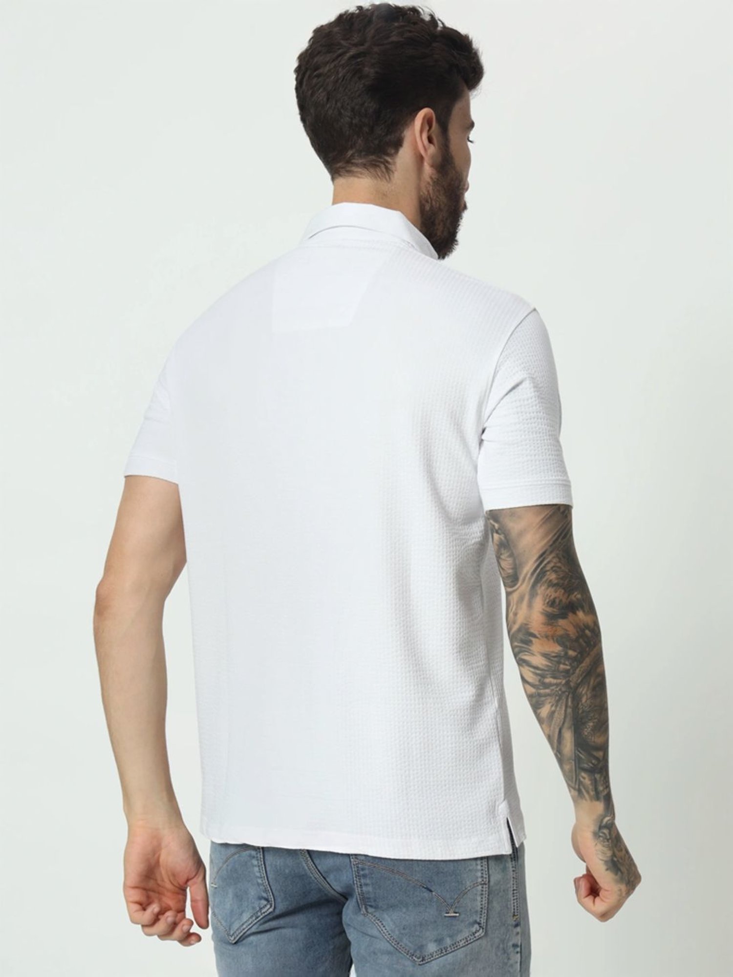 Tab91 White Regular Fit Self Pattern Polo T-Shirts