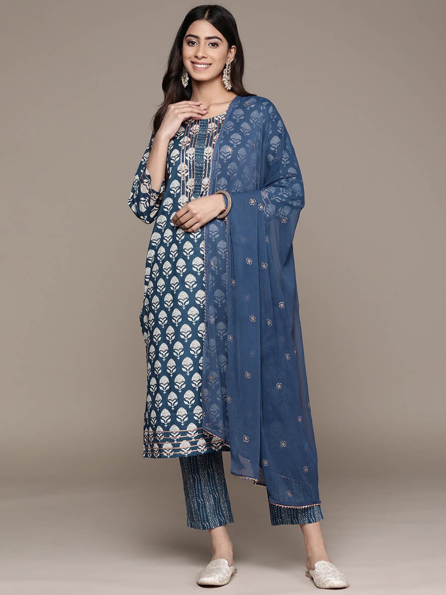 Anubhutee Blue Cotton Floral Kurta With Pants & Dupatta