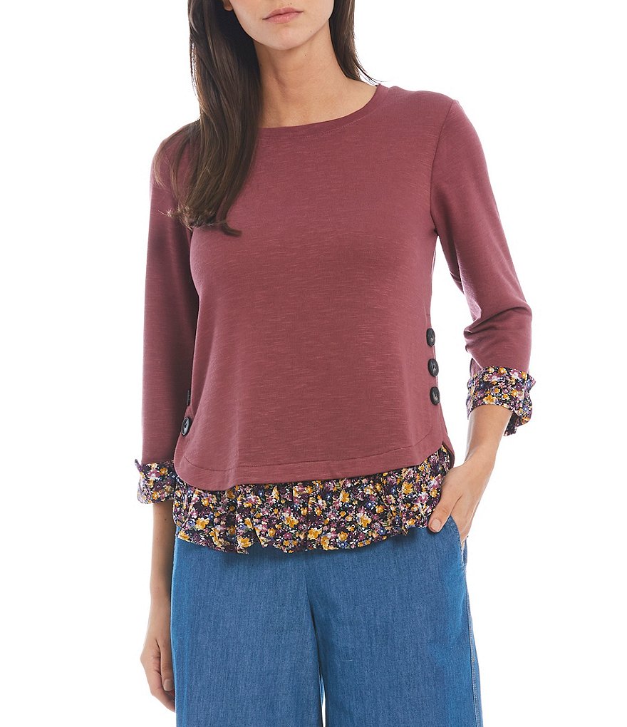 I.N. Studio Petite Size Hacci Knit Crew Neck 3/4 Sleeve Floral Print Trim Side Button Hem Detail Twofer Top