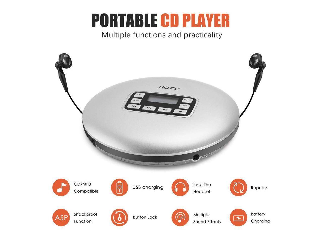 Werleo Portable CD Player Headphones HOTT Personal CD Walkman Music Player LCD Display Anti-Skip Protection Shockproof Anti Scratch Function Support CD MP3 CD CD-R CD-RW Format Silver