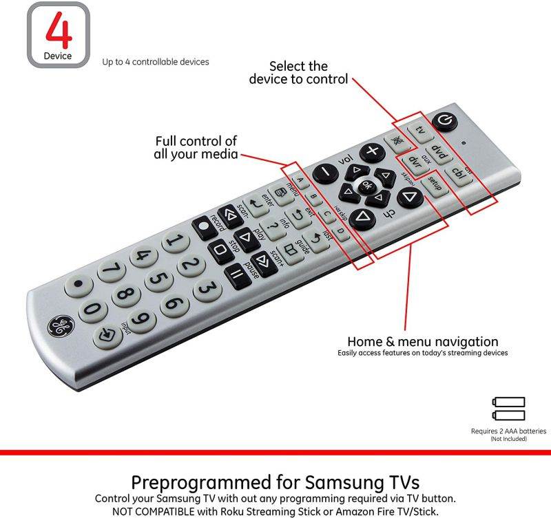 GE Big Button Universal Remote Control for Samsung, Vizio, Lg, Sony, Sharp, Roku, Apple TV, TCL, Panasonic, Smart TVs, Streaming Players, Blu-Ray, DVD, 4-Device, Silver, 34931