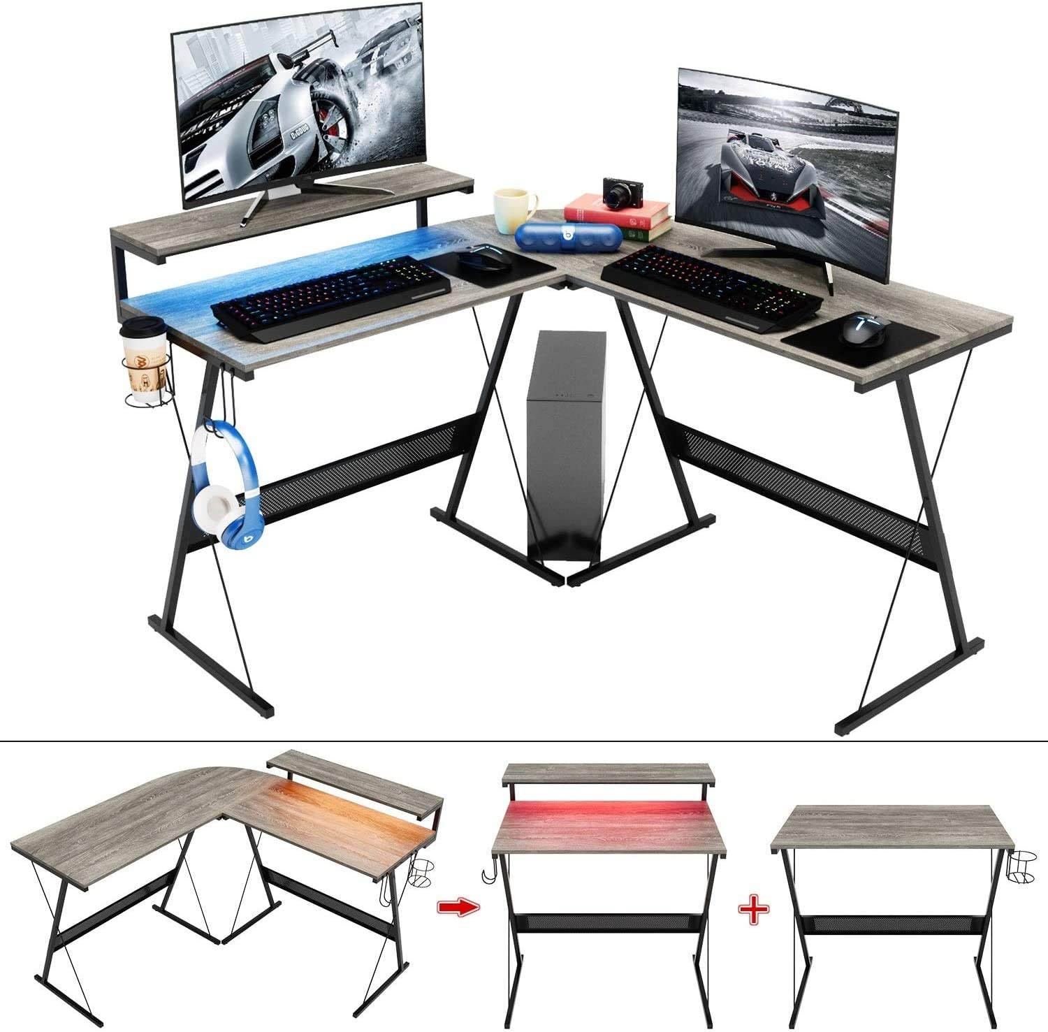 Bestier 55.2" Gaming Desk Racing Style PC Computer Desk L-Shaped Desk Corner Home Office Table with Ergonomic Monitor Stand & RGB Strip Light & Multifunctional Hook (Black Carbon Fiber)