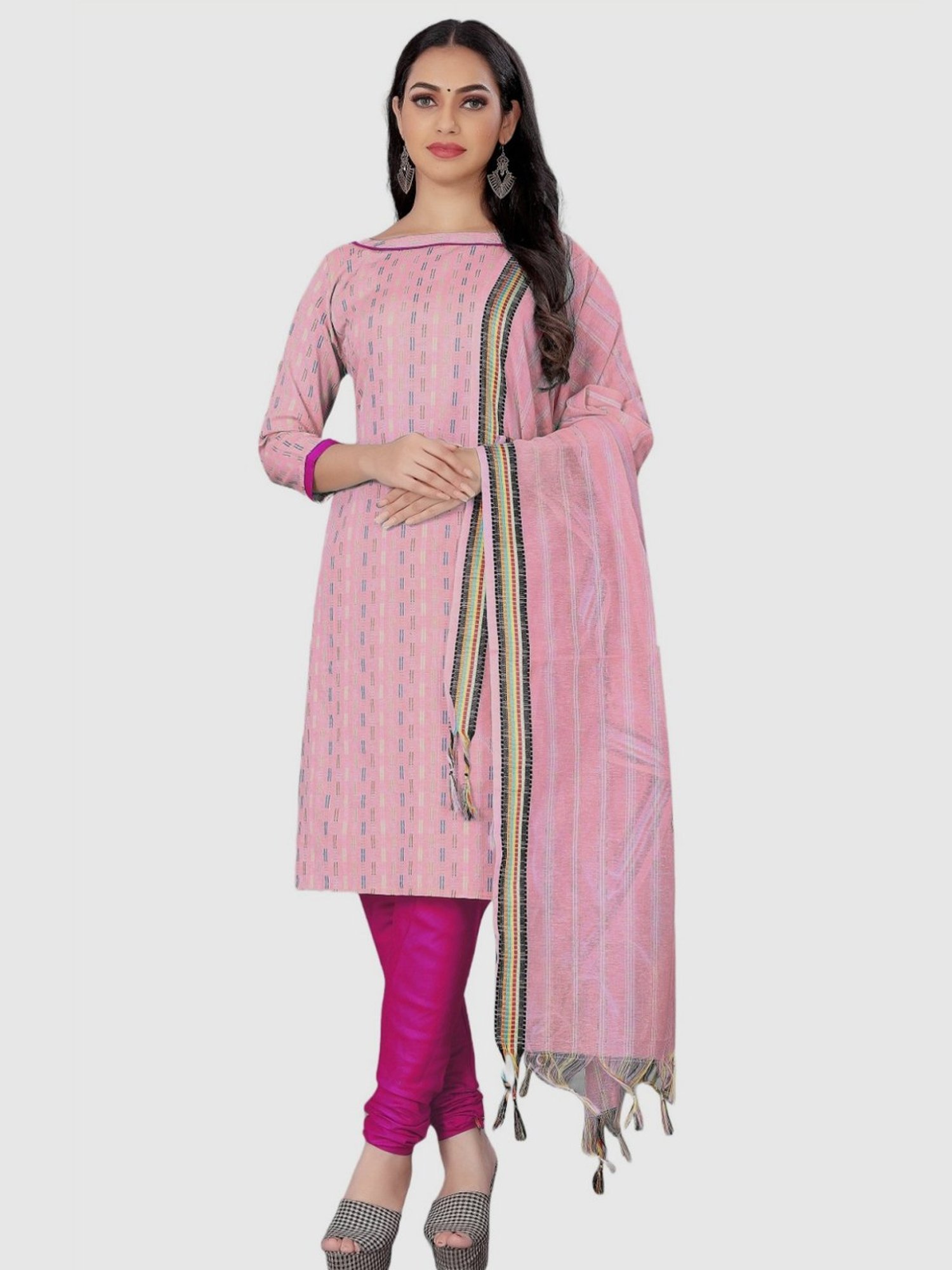 APNISHA Pink Cotton Striped Unstitched Dress Material
