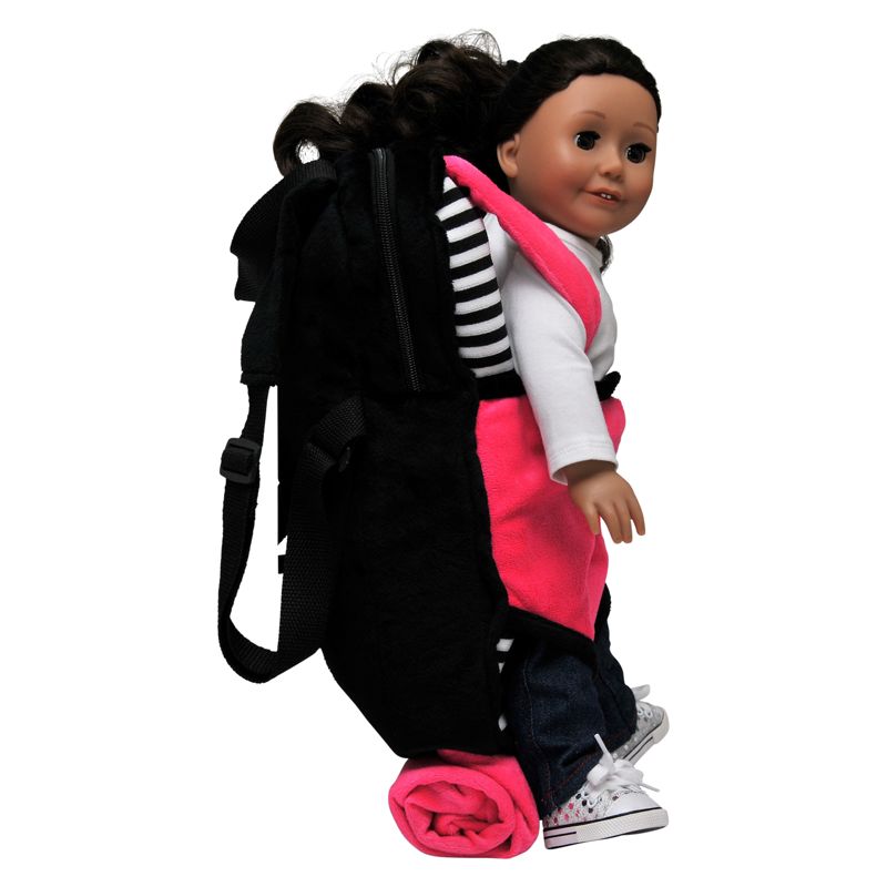 The Queen's Treasures Child Size Pink & Black Backpack with 18" Doll Carrier & Doll Sleeping Bag
