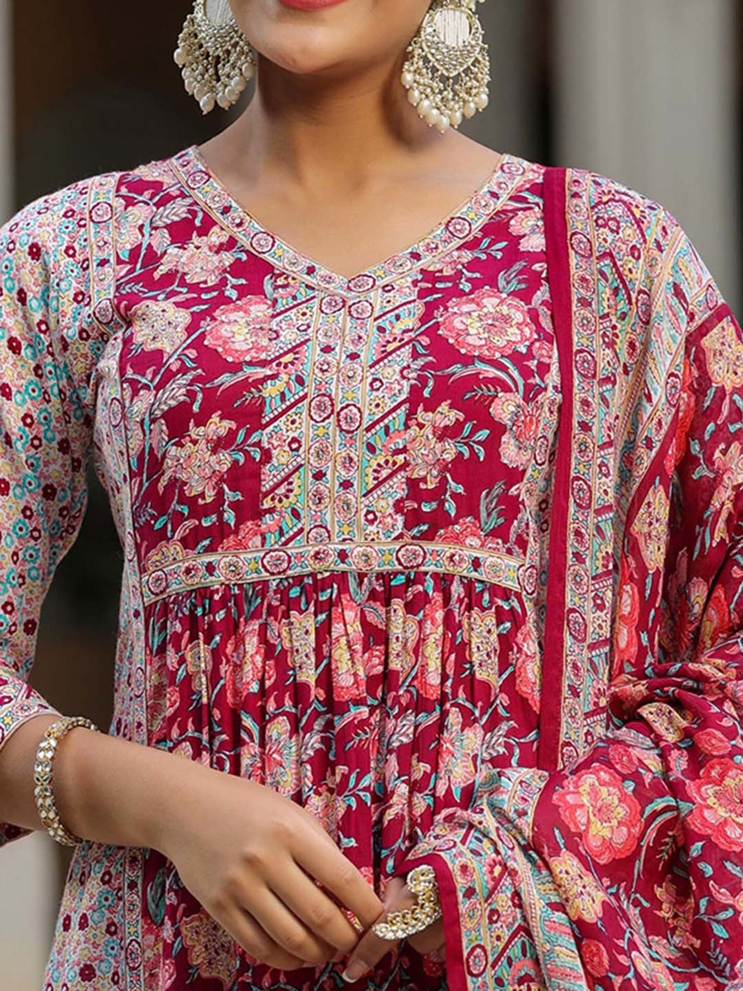 Rain and Rainbow Wine & White Cotton Floral Print Kurta With Pant & Dupatta