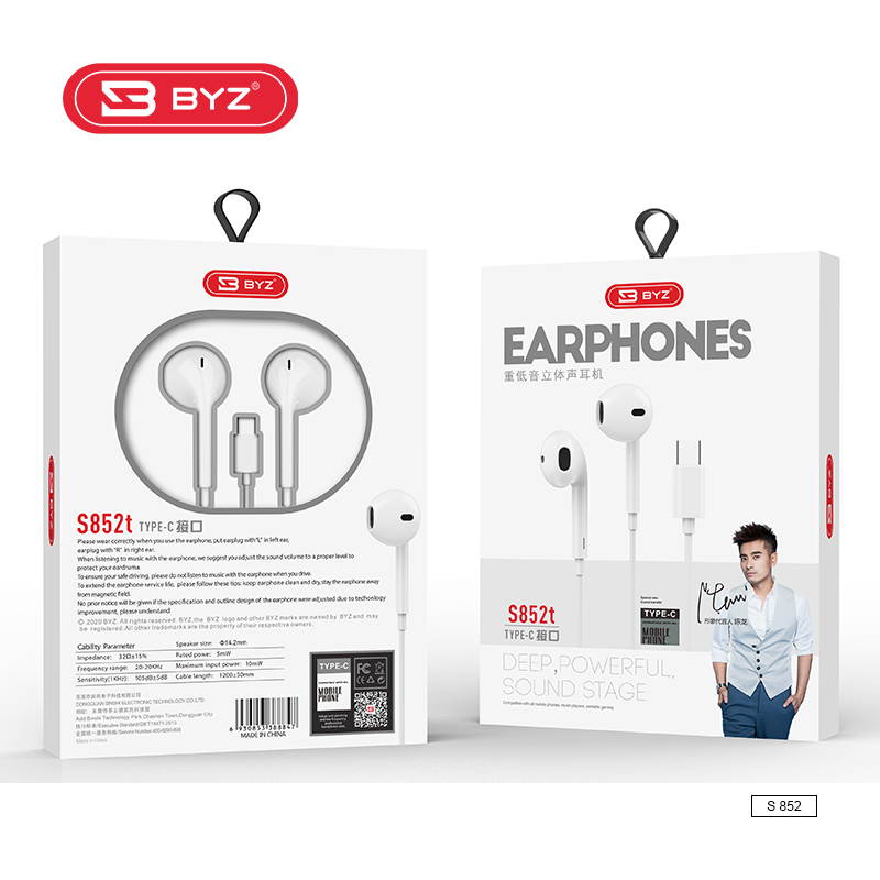 BYZ-S852t For Type C High Quality Semi In-ear Cheap Music Earphone Handfree With Microphone With High Resolution And Bass