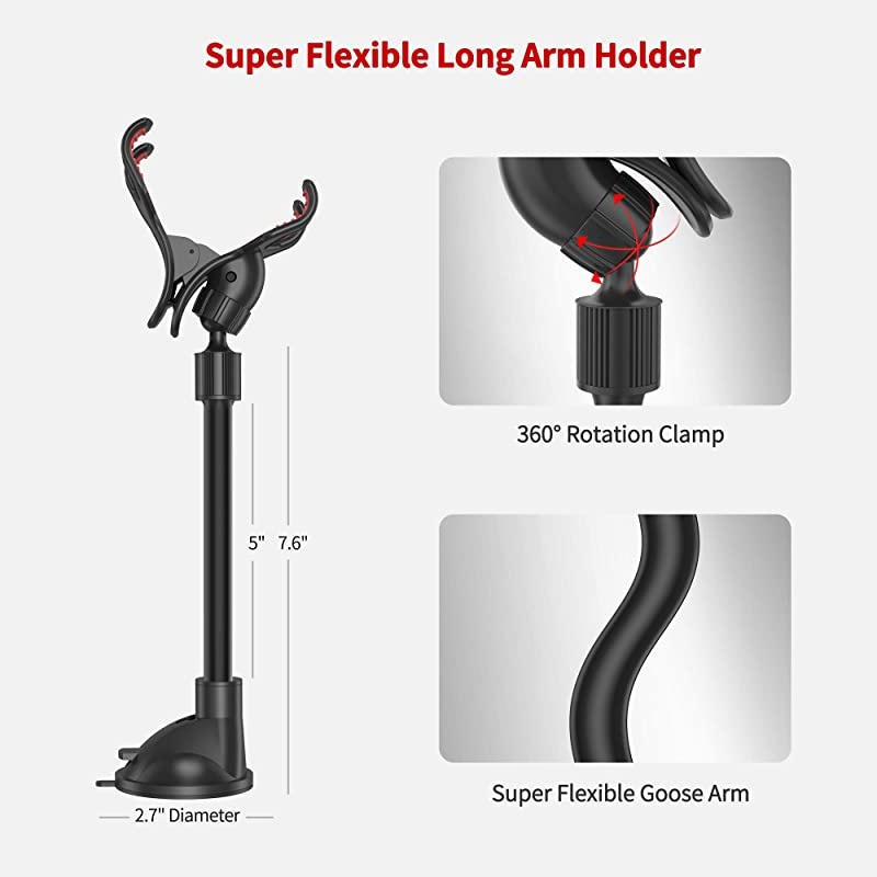Upgraded No Glue Car Phone Mount Windshield with Strong Suction Long Arm Cell Phone Holder for Car with XShaped Clamp Fits ThickIrregular Phone Case