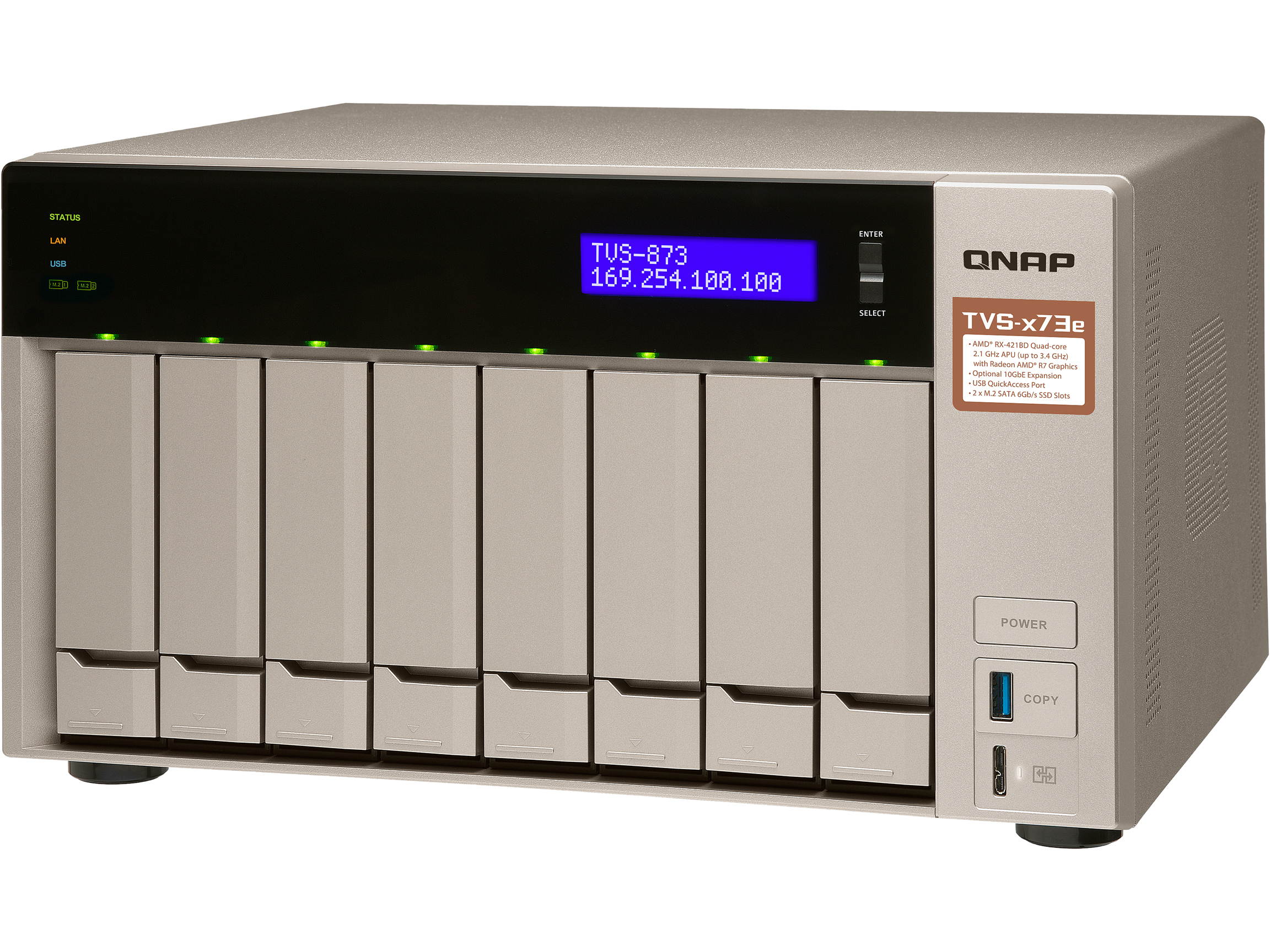 Qnap 8-bay NAS/iSCSI IP-SAN, AMD R series Quad-core 2.1GHz, 8GB RAM, 10G-ready (TVS-873e-8G-US)