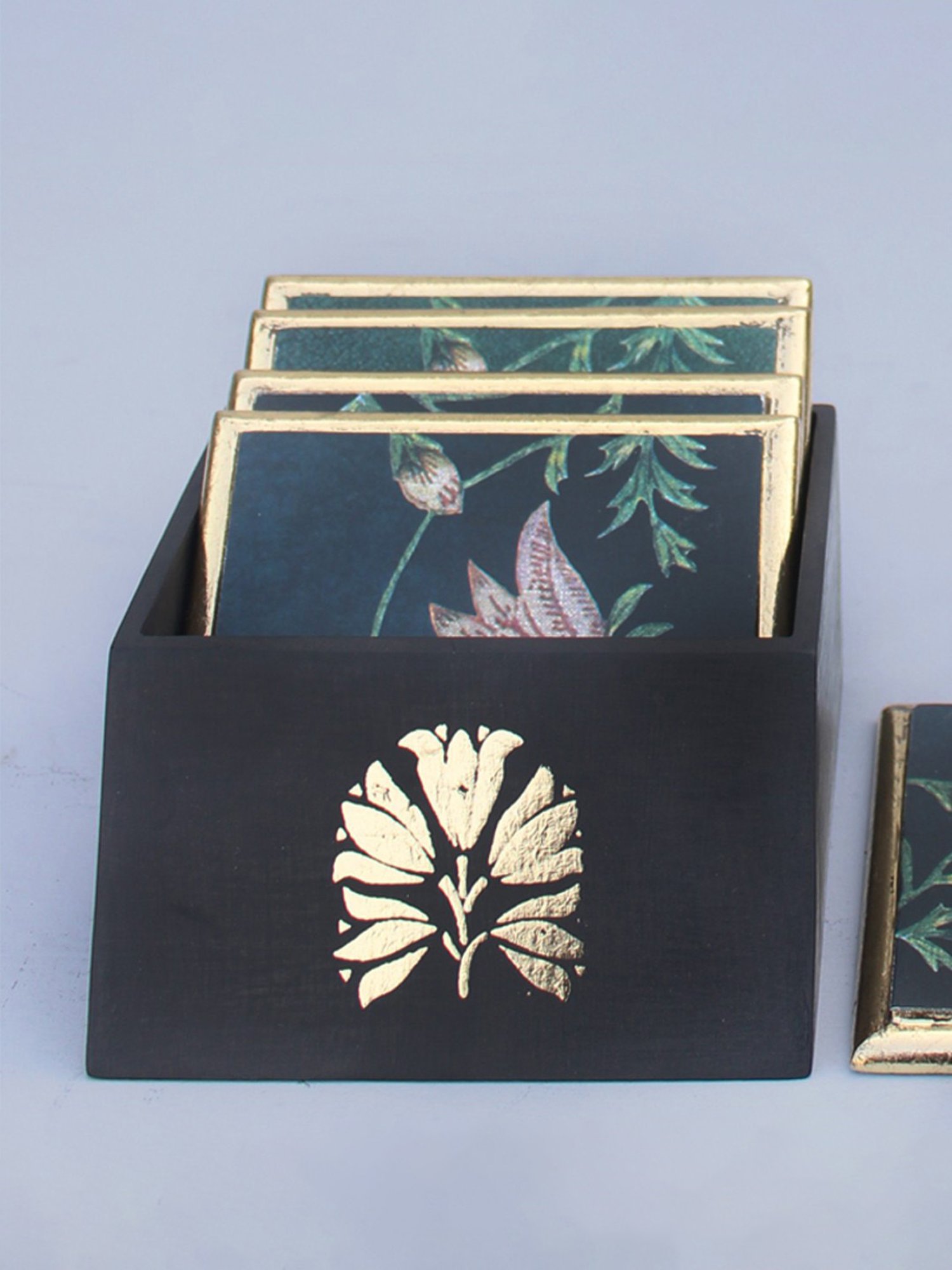 Karo Aafiya Printed Dark Green Wood Coasters - Set of 6