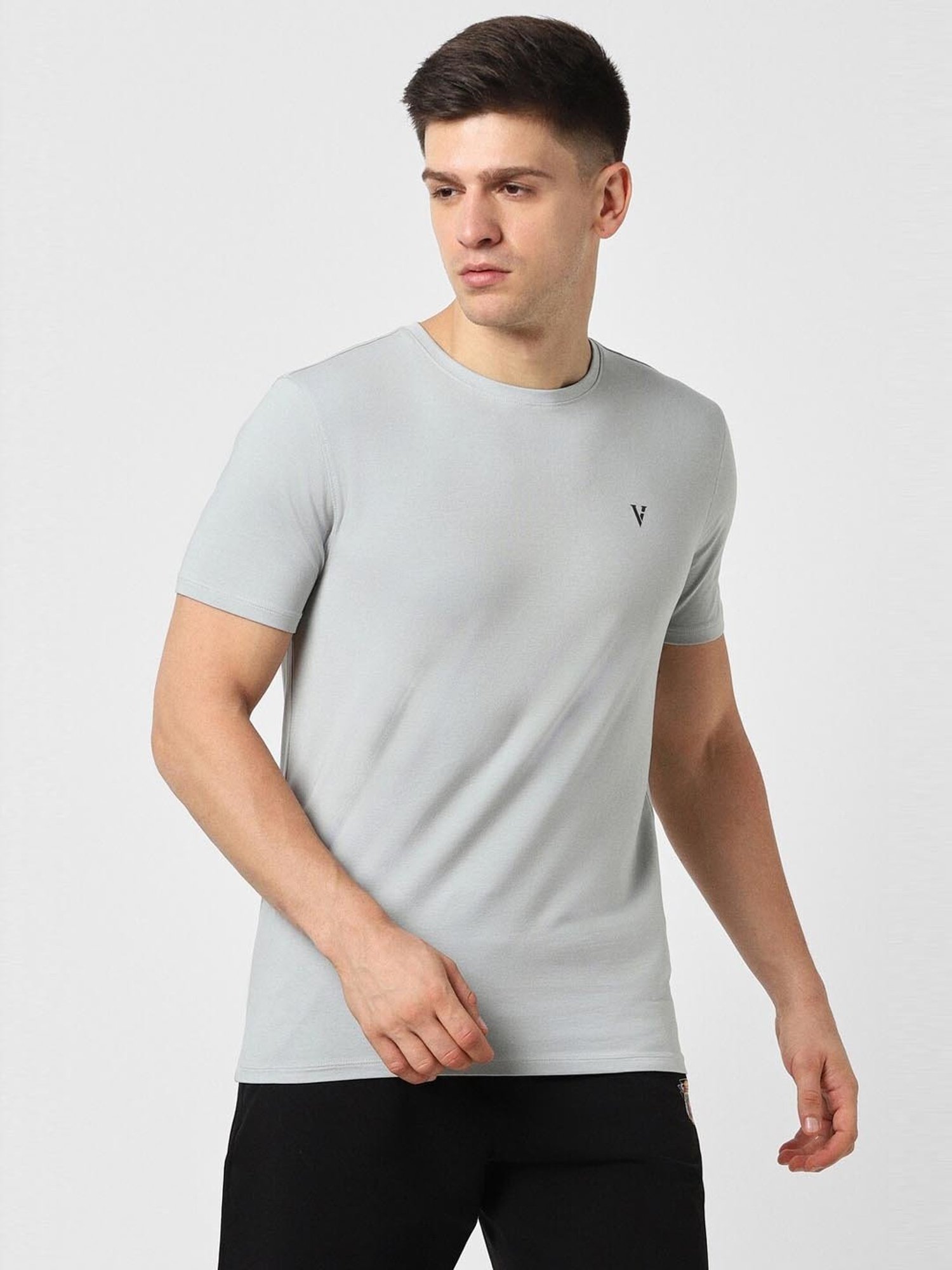 V Dot Grey Cotton Slim Fit T-Shirt
