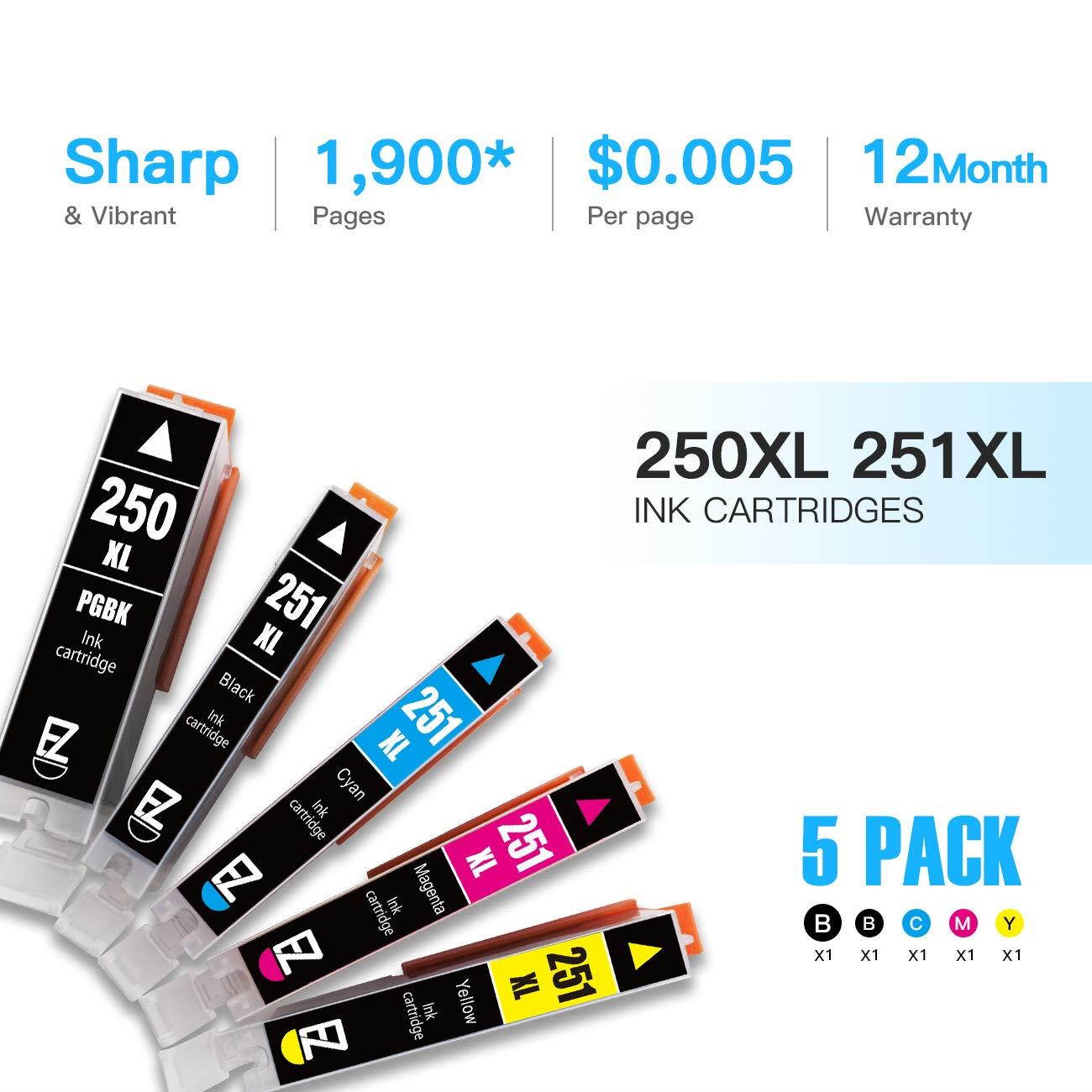 E-Z Ink (TM) Compatible Ink Cartridge Replacement for Canon PGI-250XL PGI 250 XL CLI-251XL CLI 251 XL to use with PIXMA MX922 MG5520 (1 Large Black, 1 Cyan, 1 Magenta, 1 Yellow, 1 Small Black) 5 Pack