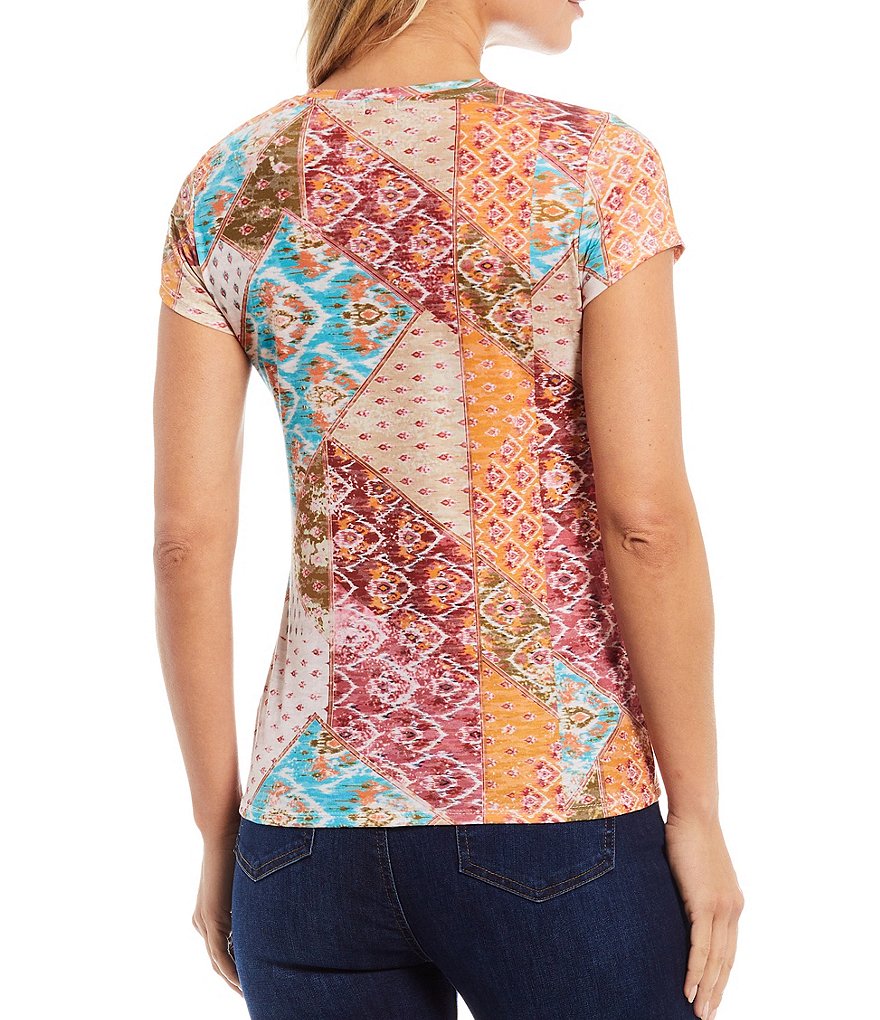 Reba Patchwork Print Jewel Neck Short Sleeve Burnout Knit Tee