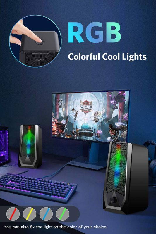 PC Gaming Speakers 16W 2.0 Deep Bass USB Wired RGB Computer Speaker with Enhanced Stereo Colorful LED Light, Dual-Channel Desktop Speakers for Tablet Computer Laptop Smartphones MP4 MP3 (8Wx2)