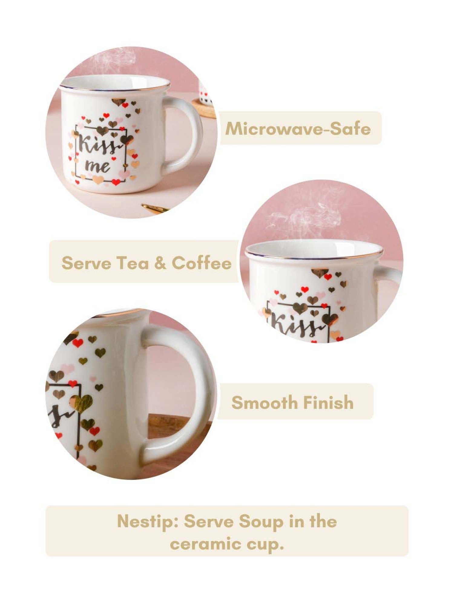 Nestasia Gold Rimmed Kiss Me White Fine Ceramics Mug for Coffee, Food-Safe, 350ml Capacity