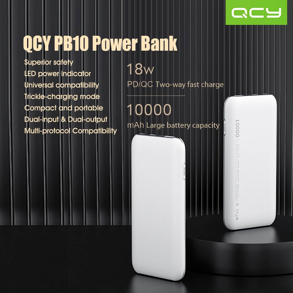 QCY PB10 Portable Charger 10000mAh PD USB-C Power Bank 18W Power Delivery Ultra-Compact Battery Pack Dual-input & Dual-output High-Speed Charging Technology Phone Charger Compatible with iPhone
